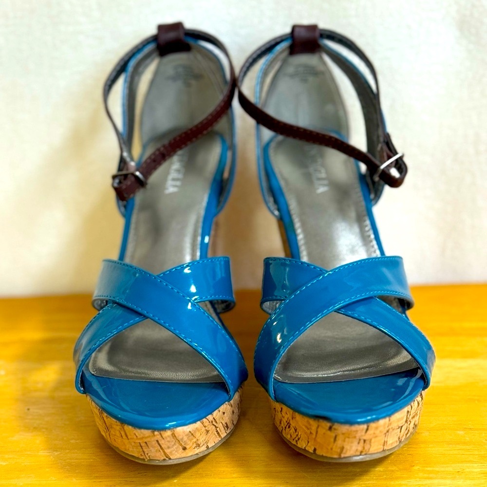SeaBlue Patent Criss-Cross Ankle Strap Wedge Sandals